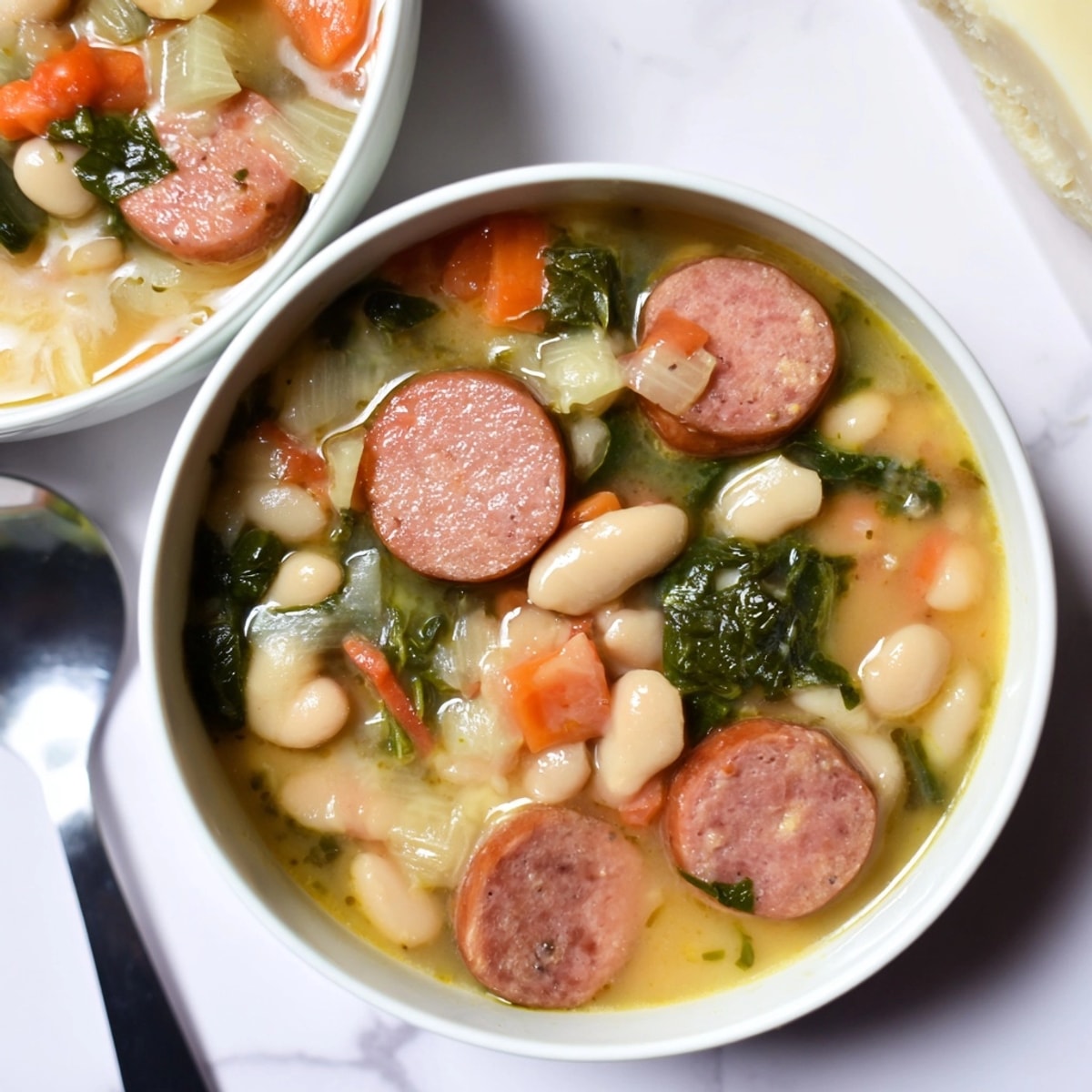 Warm and comforting Cheesy Sausage and White Bean Soup featuring sausage, beans, and vegetables.