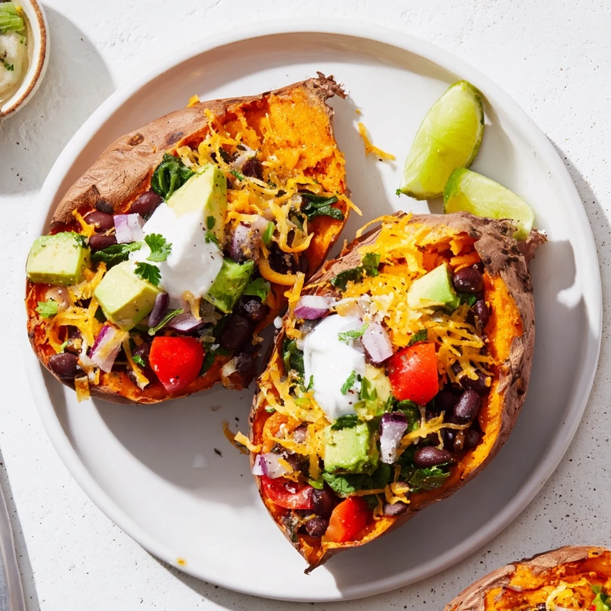 Steaming loaded baked sweet potatoes with melty cheese and colorful veggie toppings are pictured.