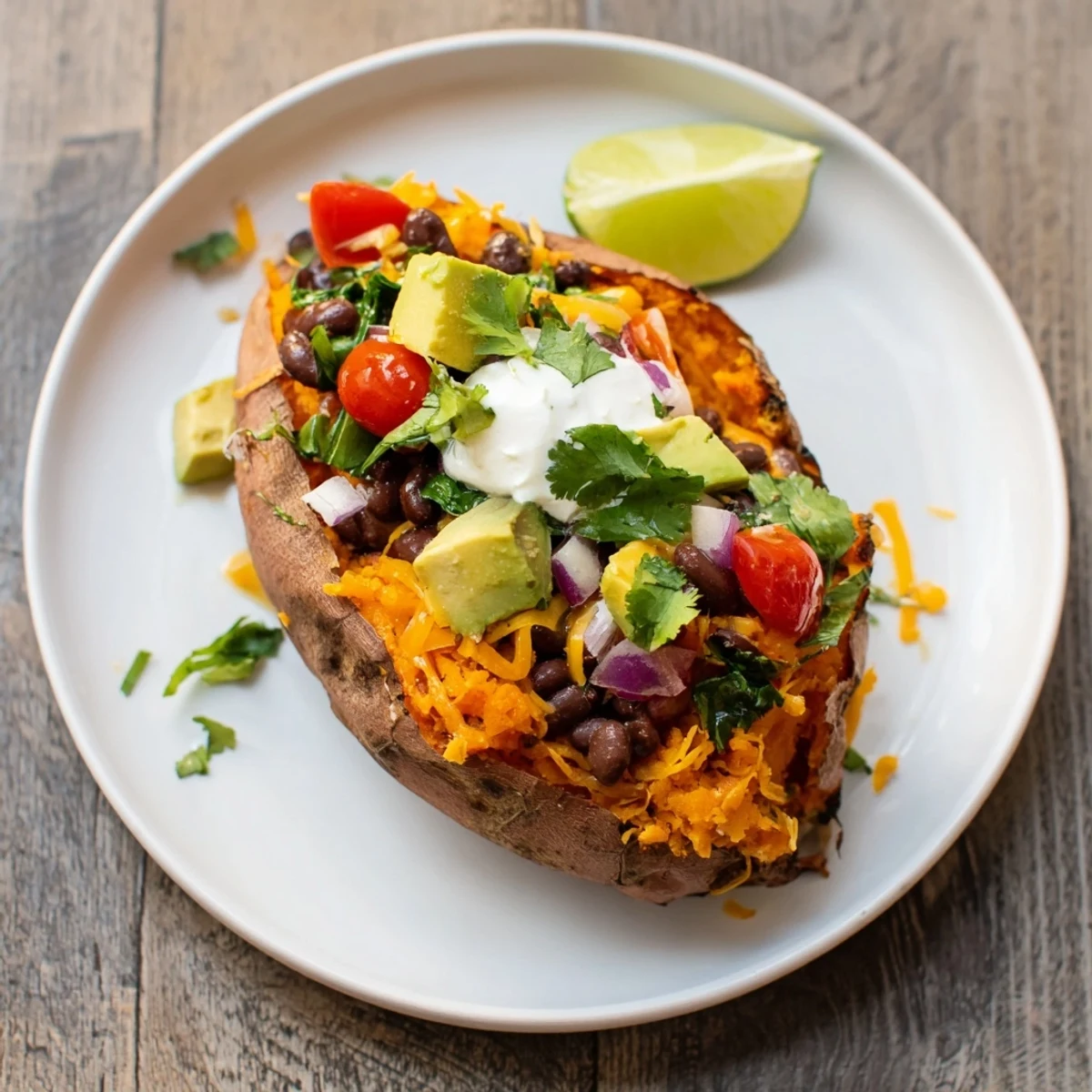 Savory loaded baked sweet potatoes are styled with fresh cilantro, ready to be enjoyed.