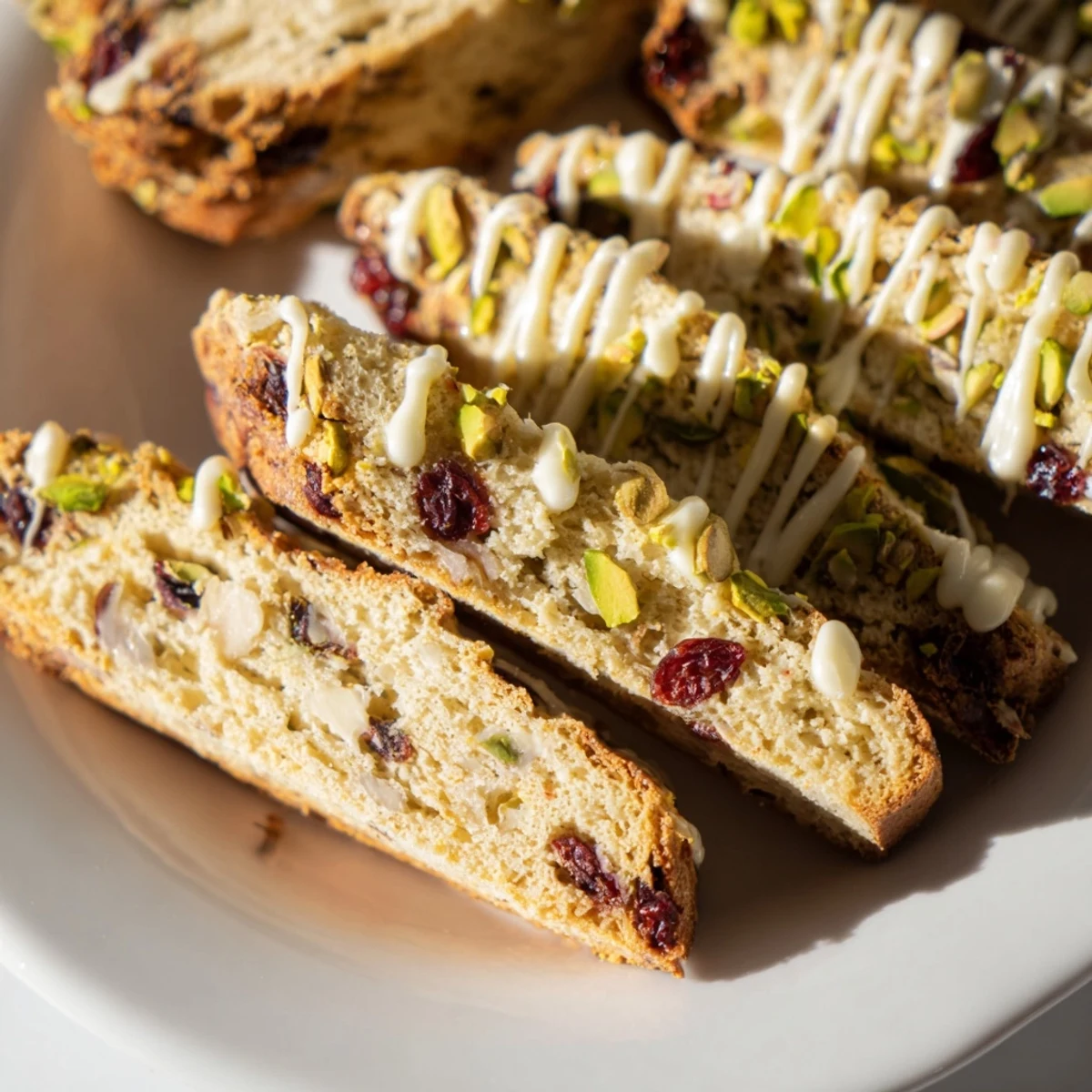 Close-up of golden white chocolate cranberry pistachio biscotti showcasing the perfect crispiness with vibrant cranberries.