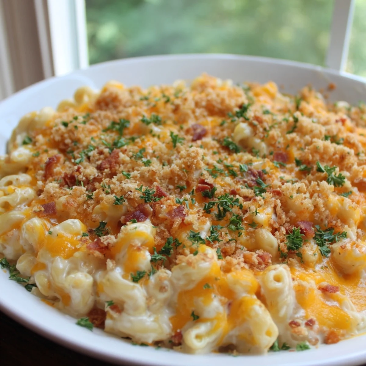 A close-up of a delicious sheet pan mac and cheese with a generous bacon topping and bubbly cheese.
