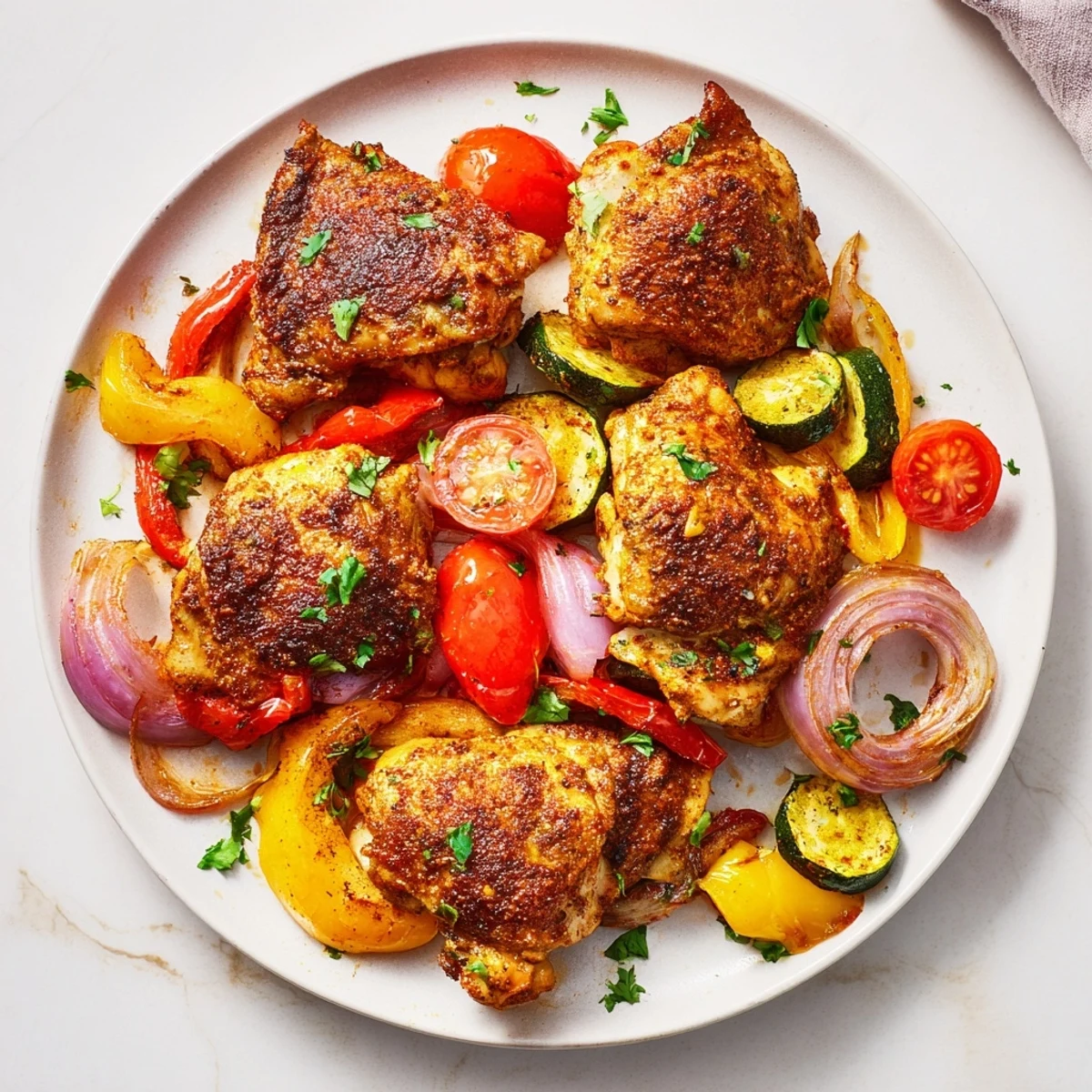 Sheet Pan Chicken Shawarma, golden chicken and colorful roasted vegetables ready to serve for dinner.