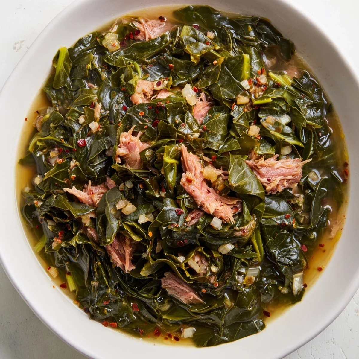 Vibrant image of slow-simmered Southern style collard greens with chunks of smoked turkey.