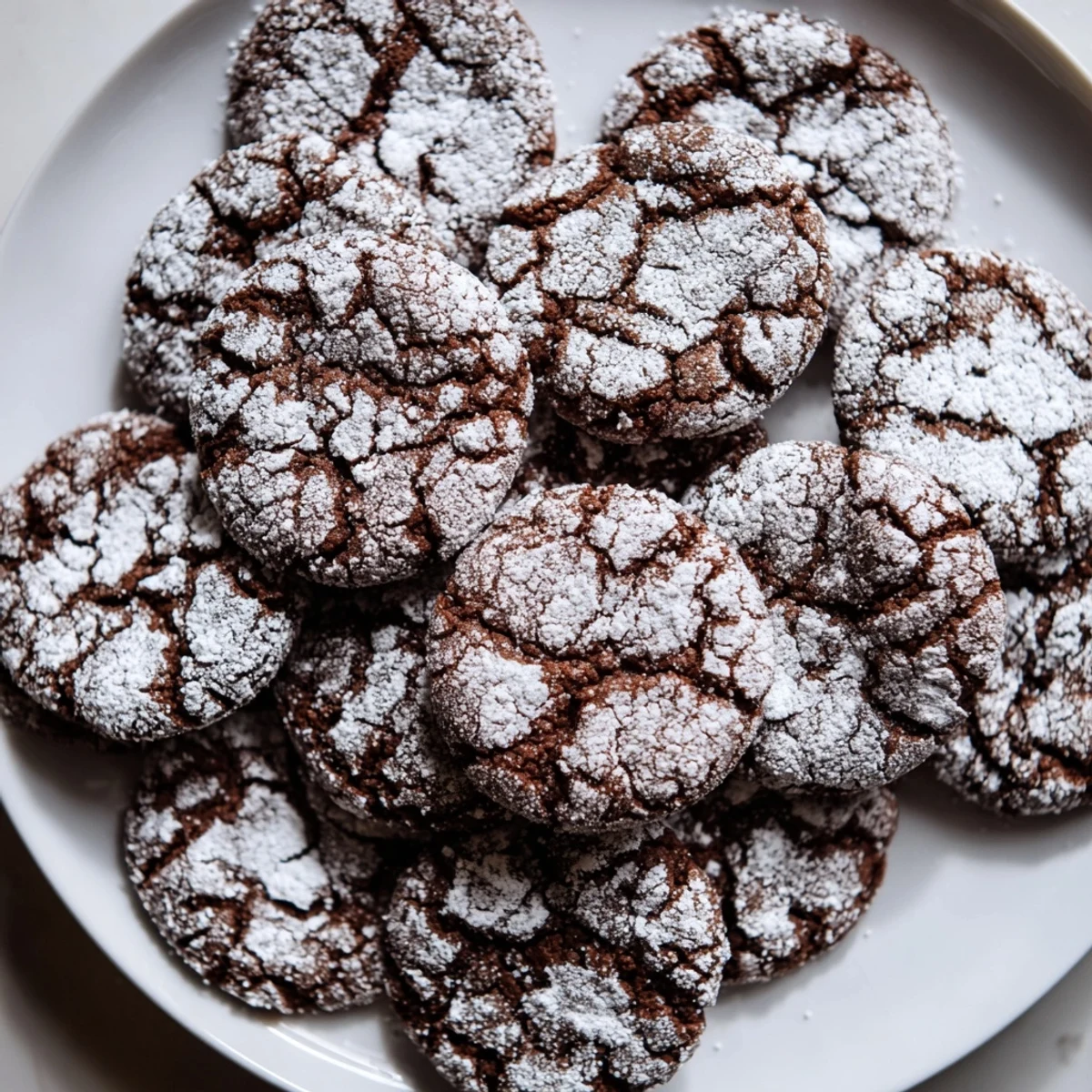 Festive Chocolate Gingerbread Crinkle Cookies dusted in powdered sugar, ready to enjoy with a warm drink.