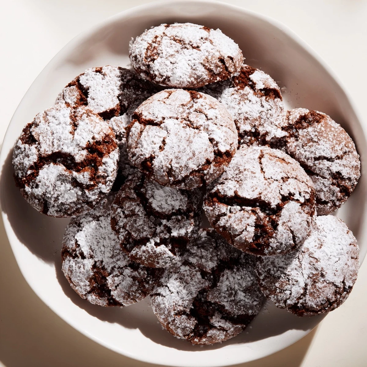 Close-up of freshly baked Chocolate Gingerbread Crinkle Cookies showing a beautiful crinkled surface and soft center.
