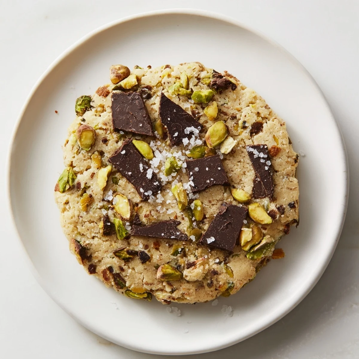 Freshly baked salted pistachio chocolate chunk shortbread, oozing rich chocolate, and appealingly textured with nuts.