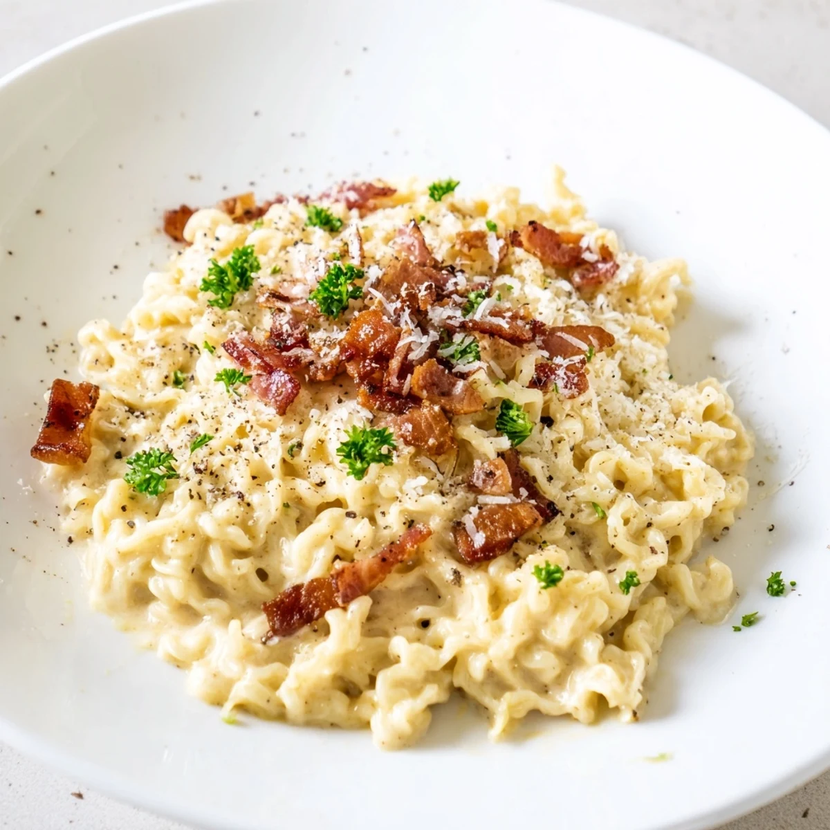 Quick and easy Instant Pot Carbonara Ramen: a comforting bowl topped with fresh parsley.
