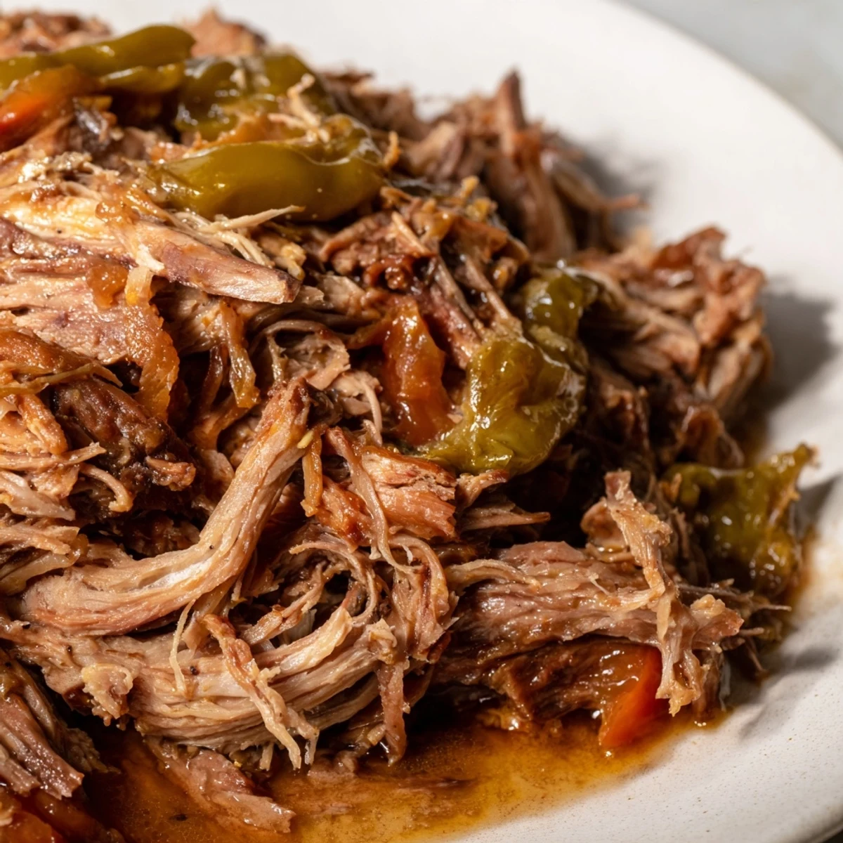 Tender Slow Cooker Mississippi Pot Roast, shredded and glistening, ready for serving with creamy sides.
