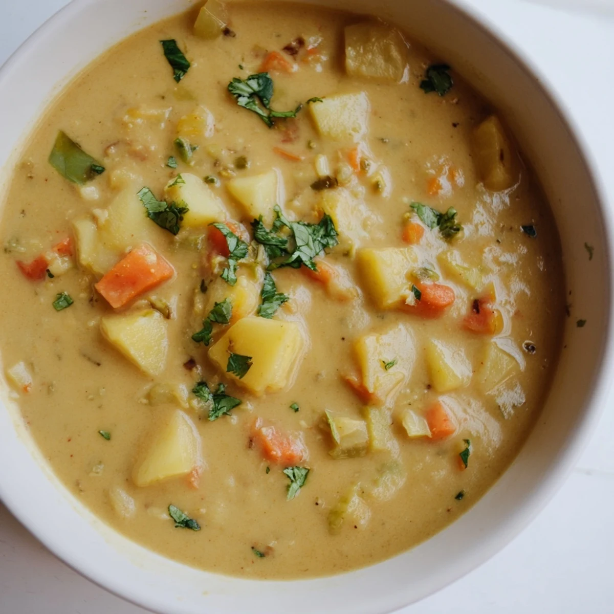 Creamy Curry Comfort Potato Soup, a bowl of rich, yellow soup garnished with fresh cilantro, ready to eat.