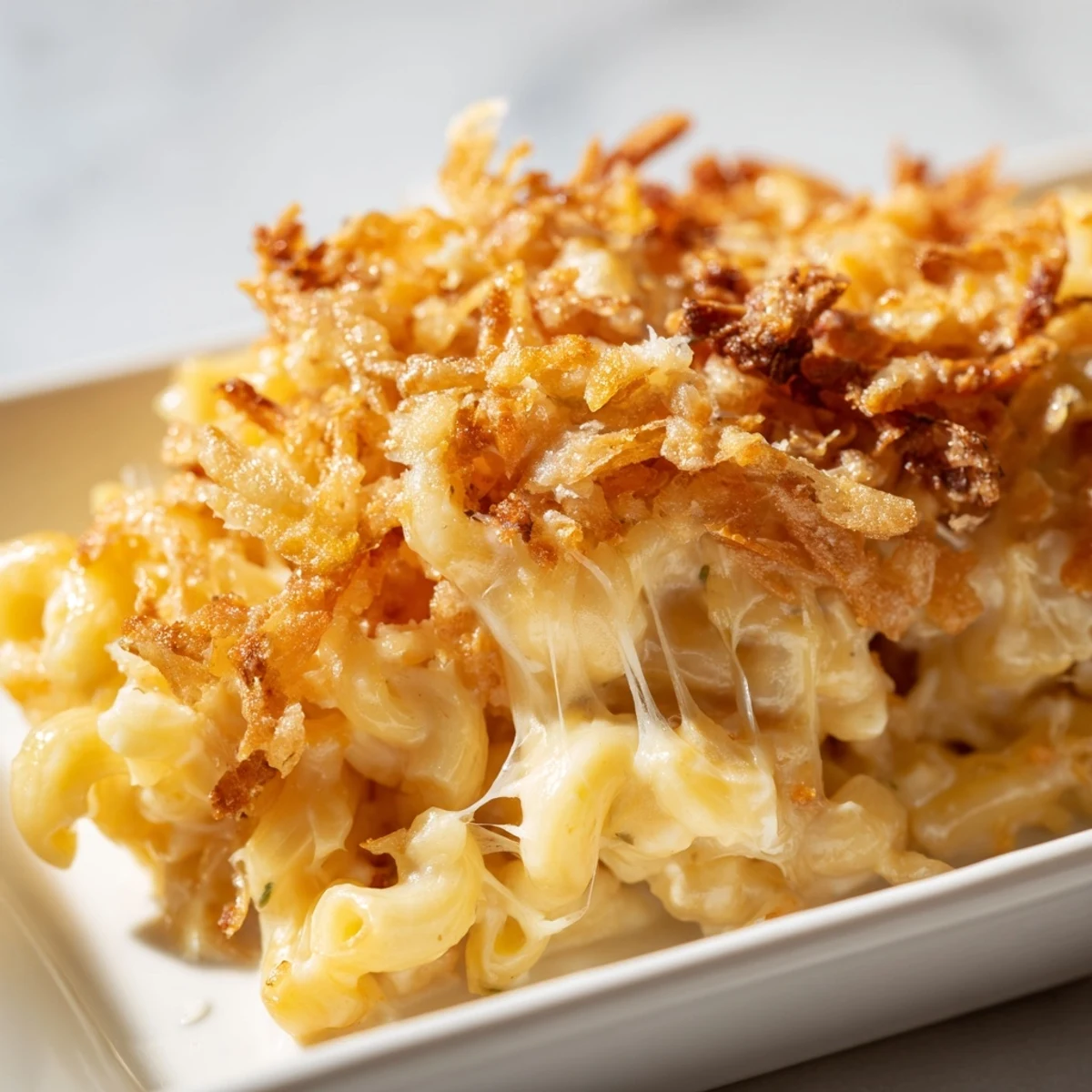 Golden, bubbly baked mac & cheese, loaded with gooey cheese and crispy breadcrumb topping, hot out of the oven.