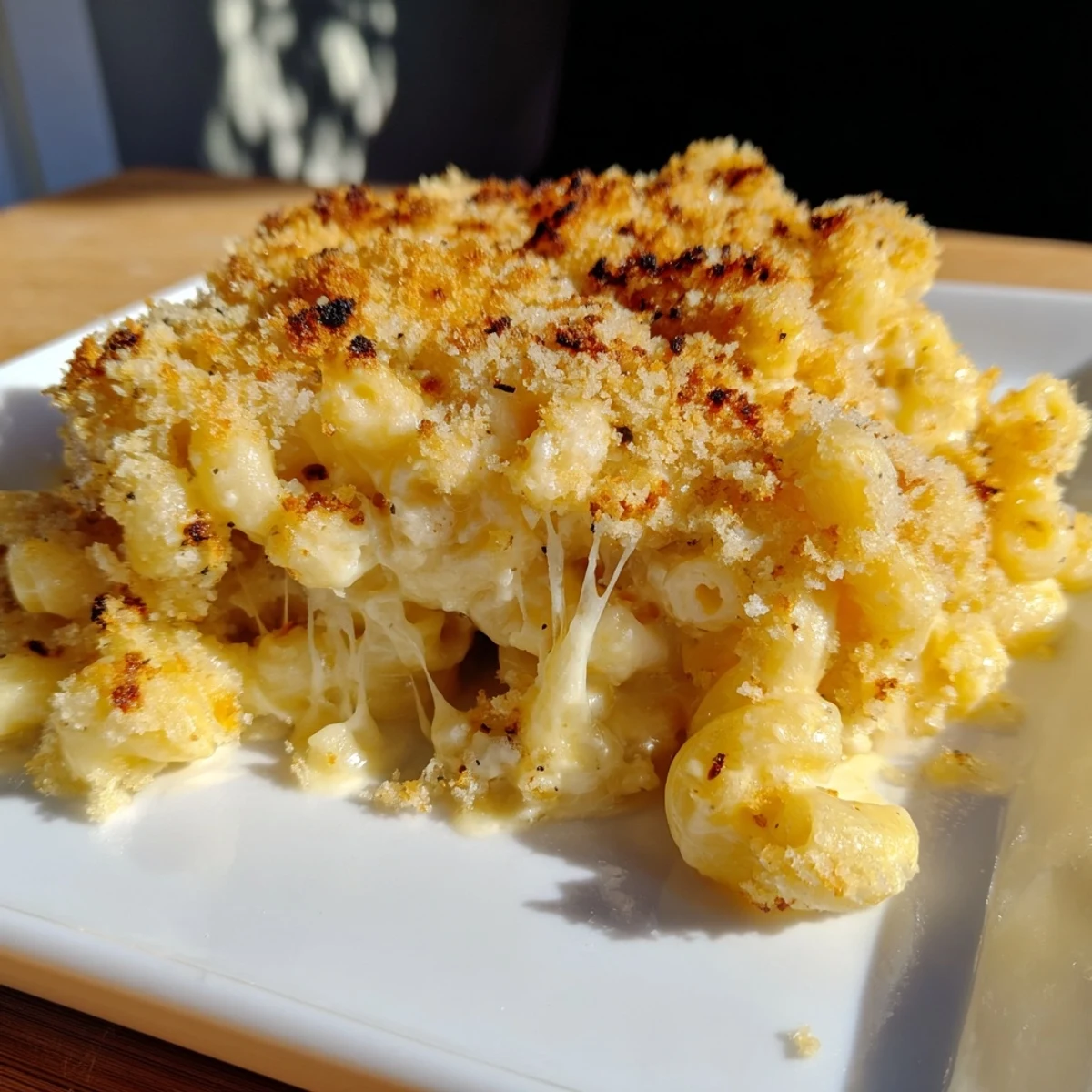A close-up of creamy, cheesy old-fashioned baked mac & cheese, with visible melted cheese and browned panko crumbs.