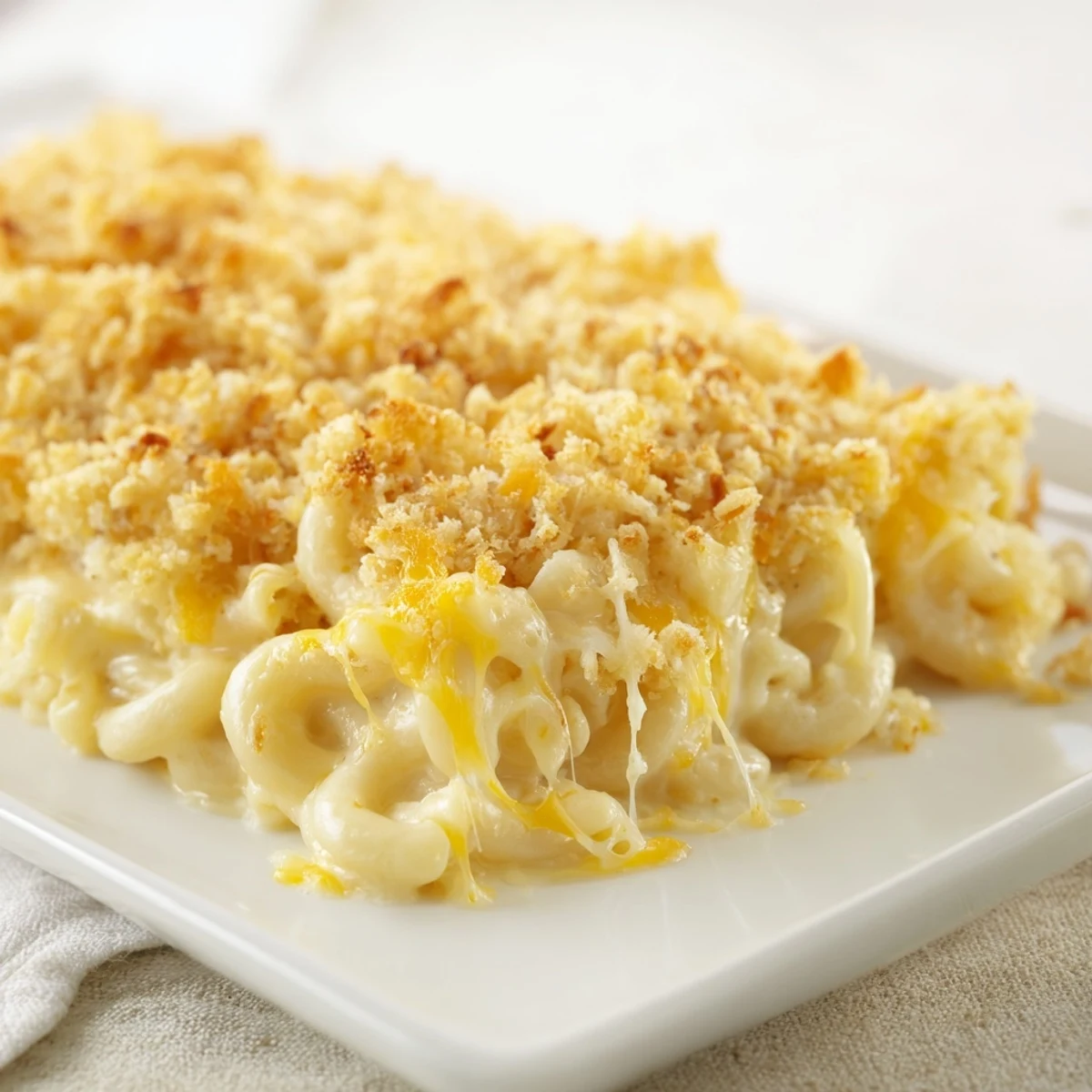 Steaming hot, this classic old-fashioned baked mac & cheese is a perfect comfort food family meal, ready to eat.