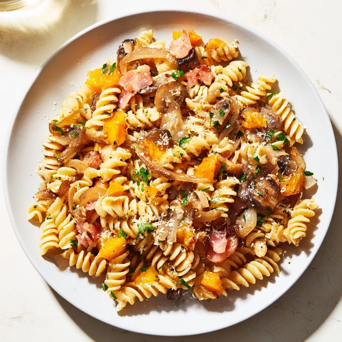 Fusilli with bacon, onions, and mushrooms, a comforting pasta dish with golden, crispy bacon.