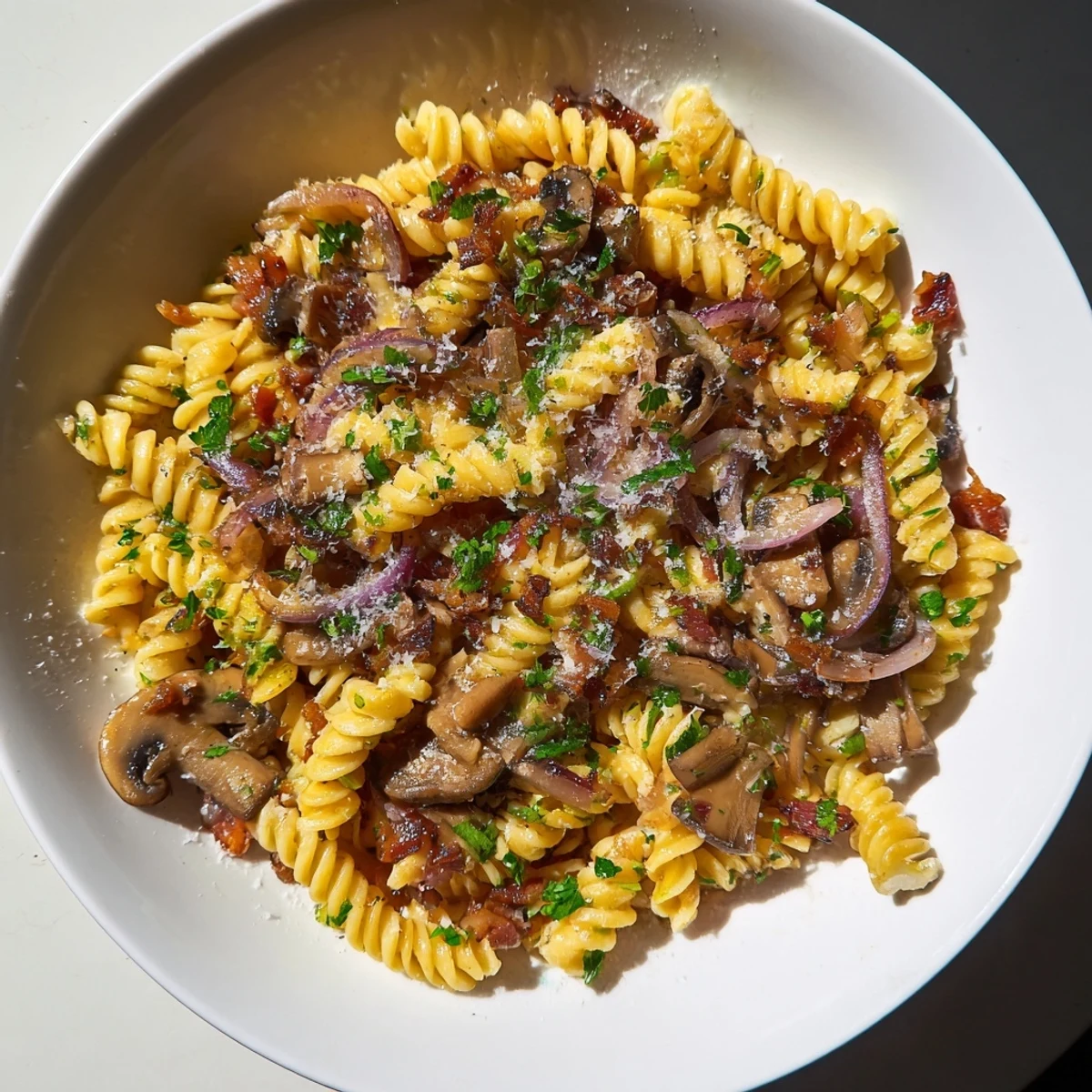 Vibrant image of fusilli with bacon, onions, and mushrooms – a quick, easy Italian-inspired meal.