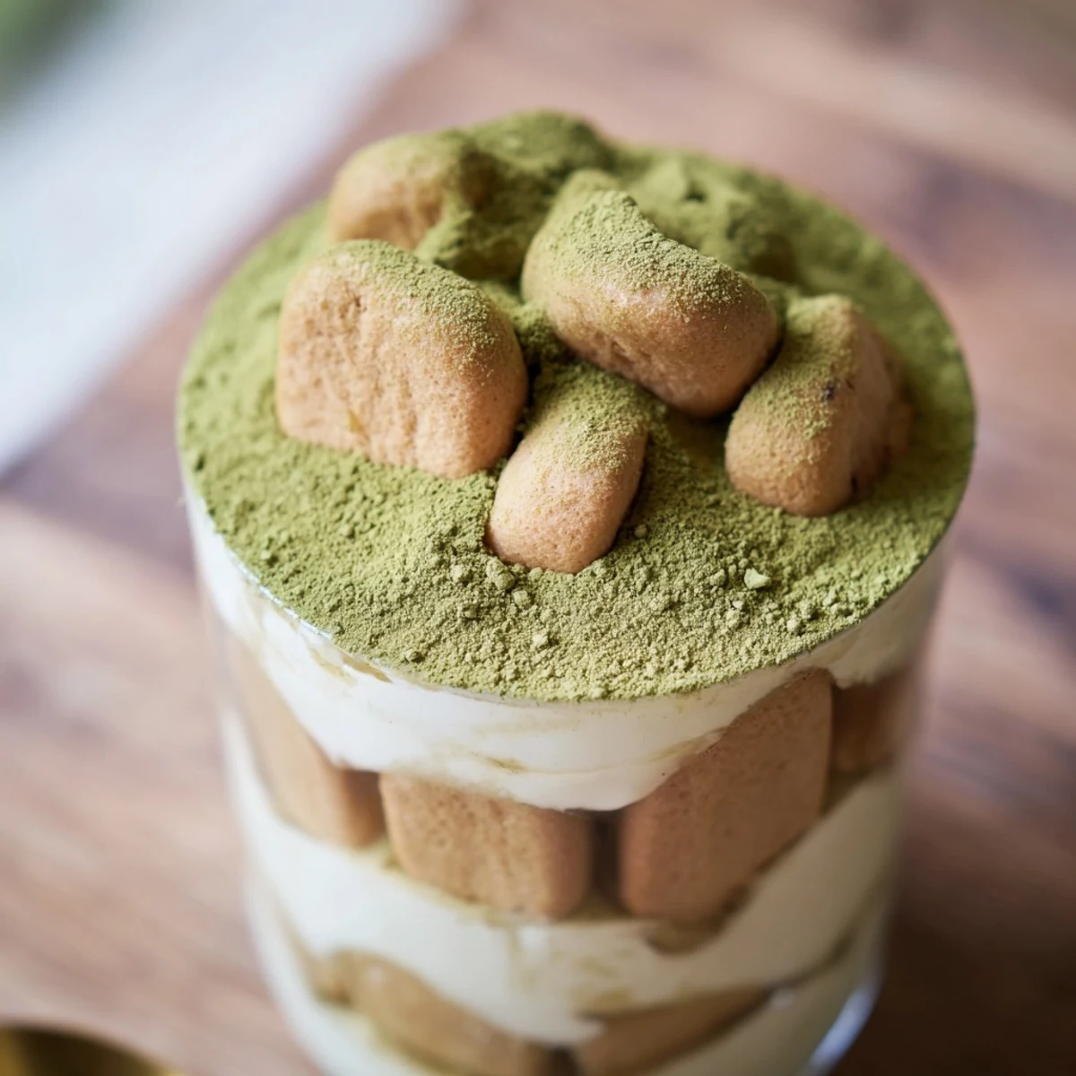 This chilled Matcha Mascarpone Tiramisu Snow Cup features fluffy mascarpone cream and delicate matcha dusting.