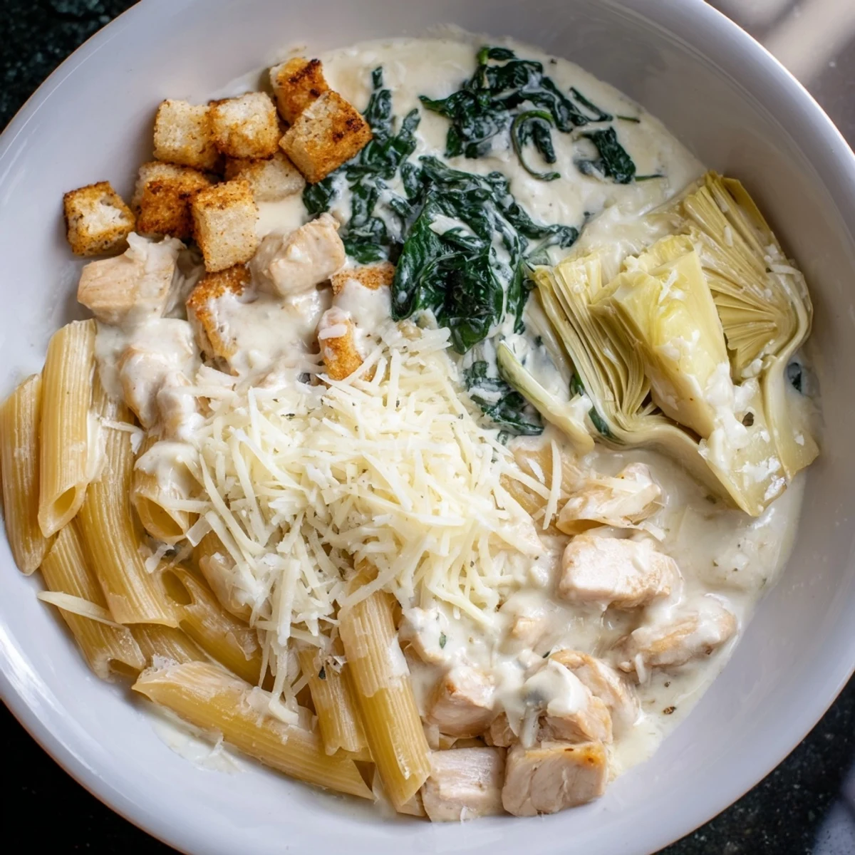 Creamy Spinach Artichoke Protein Pasta Skillet: a comforting one-pan meal with a rich, white sauce and colorful vegetables.
