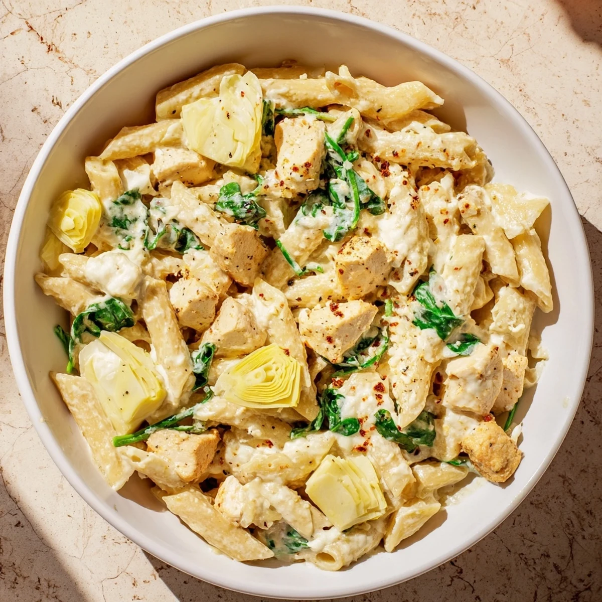 This Creamy Spinach Artichoke Protein Pasta Skillet showcases a close-up of tender pasta and creamy sauce, ready to serve.