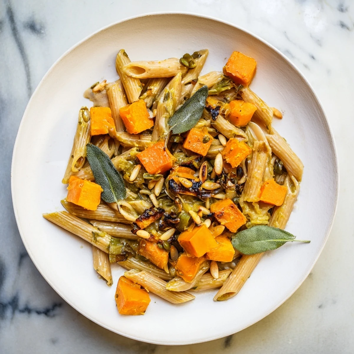 A steaming bowl of butternut squash & sage brown butter pasta, garnished with fresh sage.