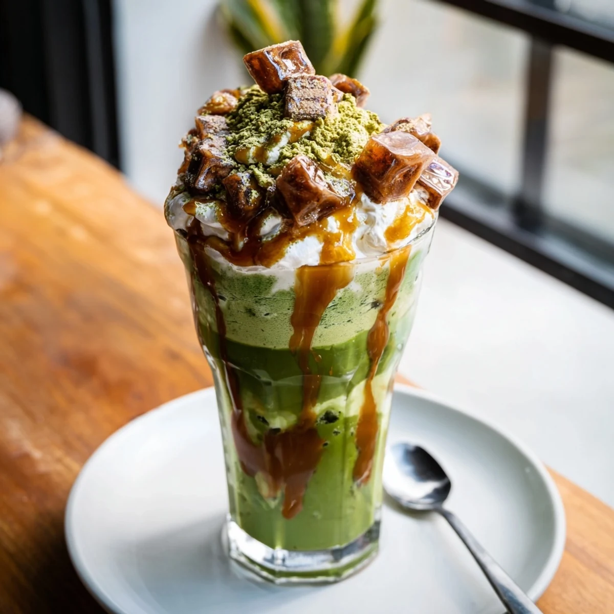 Festive Caramel Brulée Iced Matcha Christmas Coffee Dupe, layered with creamy matcha, spices, and caramel.