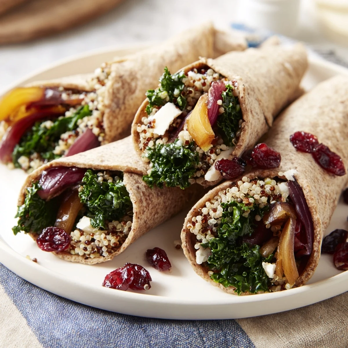 Golden-brown Roasted Brussels Sprouts & Cranberry Grain Wrap, the perfect vegetarian lunch with satisfying textures.