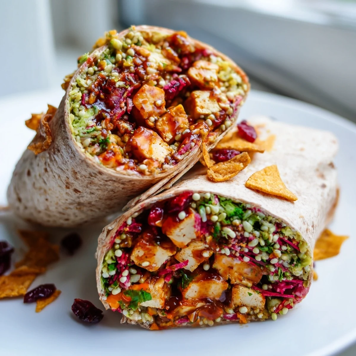 A close-up view of the sweet chili tofu crunch wrap, showing layers of flavor and texture.
