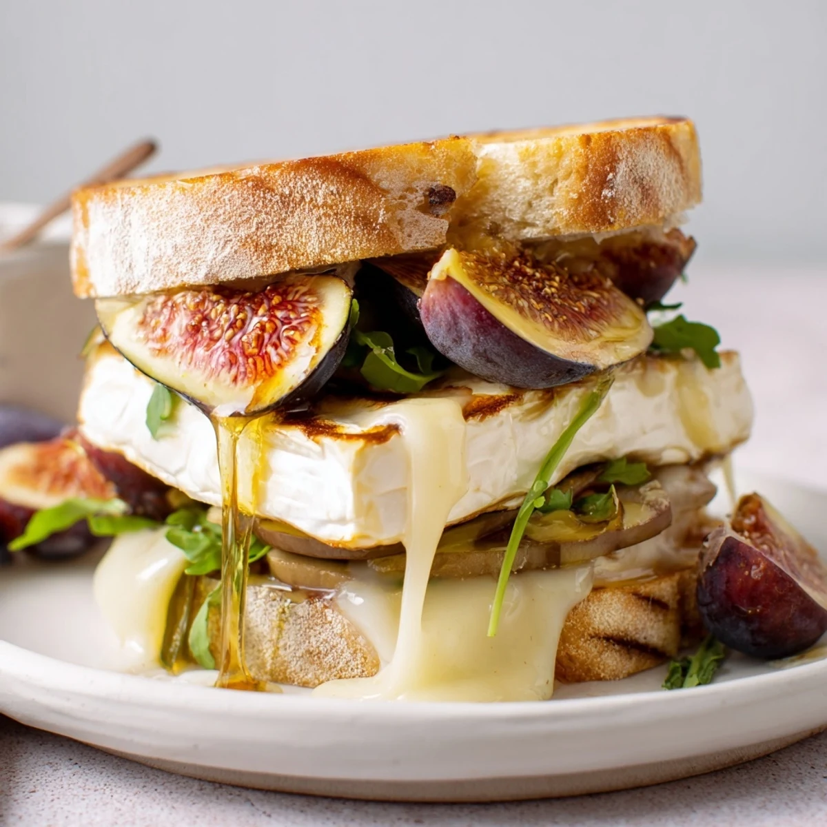 Golden-brown Fig, Brie & Arugula Grilled Cheese, oozing melted Brie with peppery arugula.