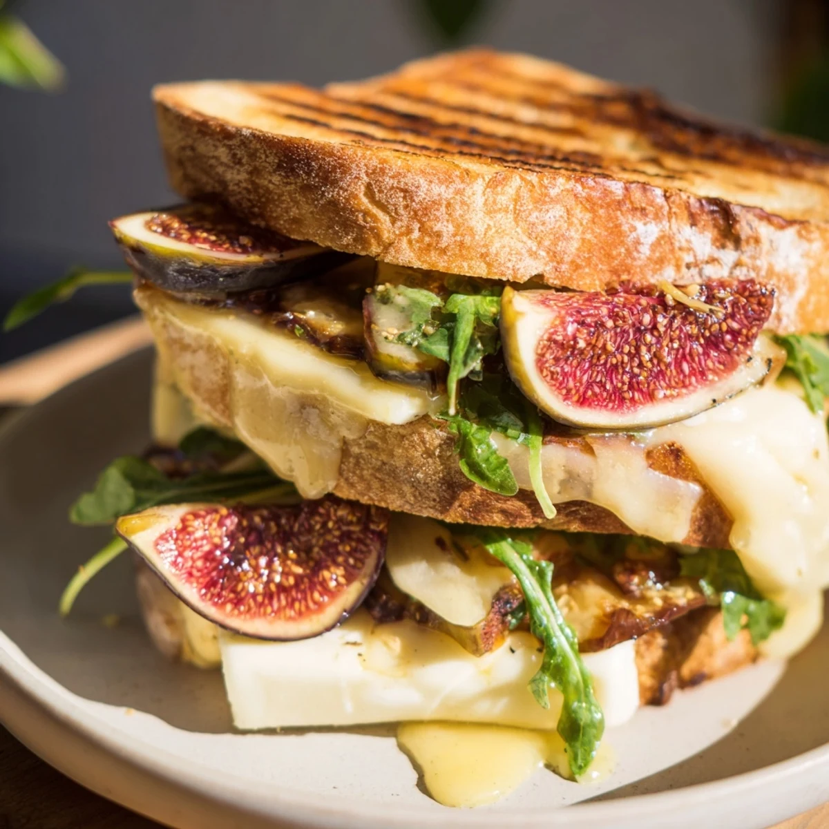 A close-up of a Fig, Brie & Arugula Grilled Cheese, showcasing the crispy bread and gooey cheese.