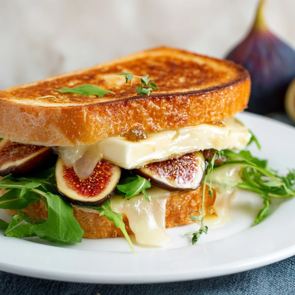 Perfectly grilled Fig, Brie & Arugula grilled cheese sandwich, ready to bite into with fig spread.