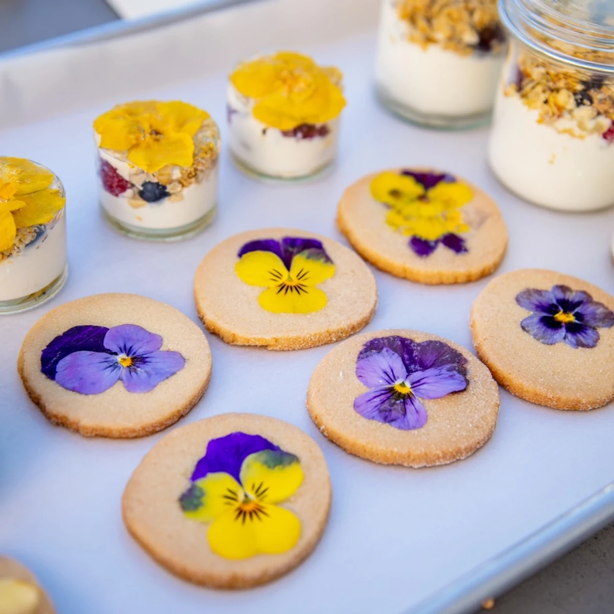 Vibrant Spring Flower Dessert Tray featuring cookies, mini cakes, and parfaits, a beautiful treat.