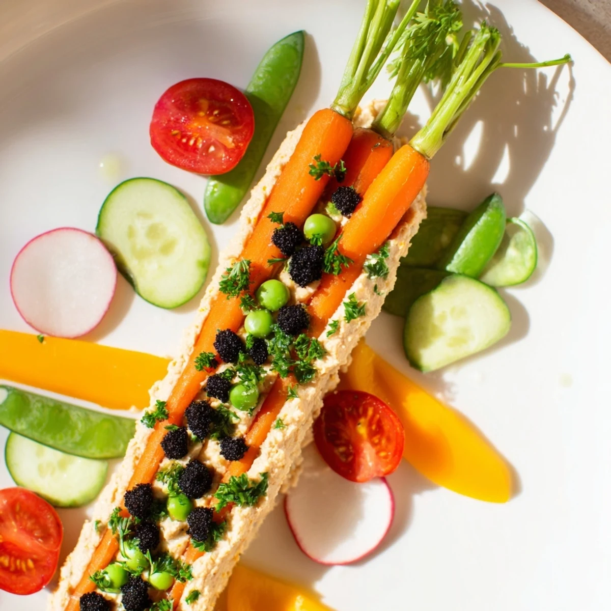 Vibrant carrot patch veggie board: A colorful arrangement of fresh veggies with a creamy "soil" dip.