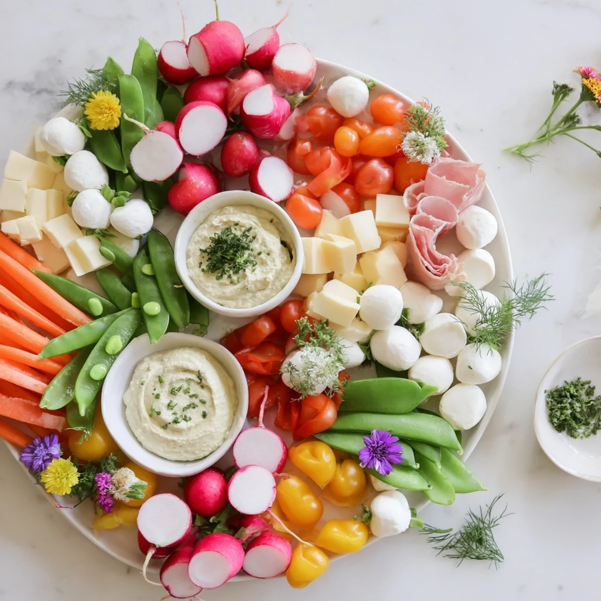 Spring wreath appetizer platter bursting with colorful fresh vegetables, cheeses, and dips for a festive occasion.
