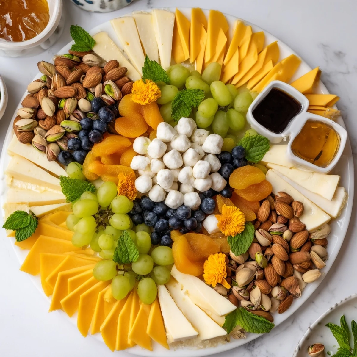 A beautifully presented Daffodil Cheese Board, featuring creamy brie and vibrant fruits perfect for sharing.