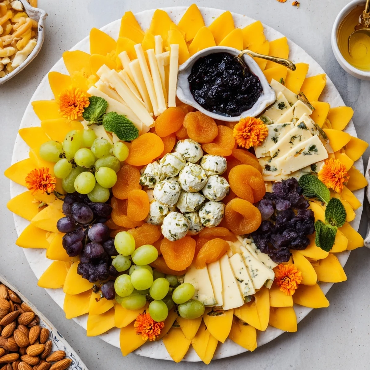 Daffodil Cheese Board: a colorful arrangement of cheeses, fruit, and nuts, perfect for spring entertaining.
