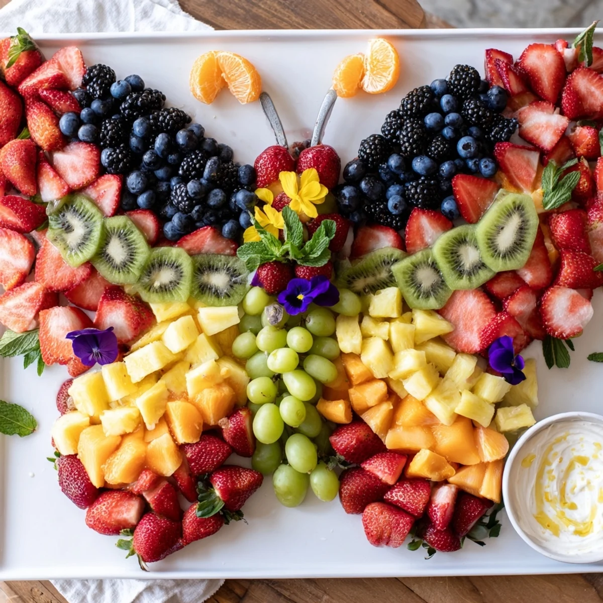 Vivid Butterfly Garden Fruit Board features a medley of berries, mango, and a refreshing yogurt dip.