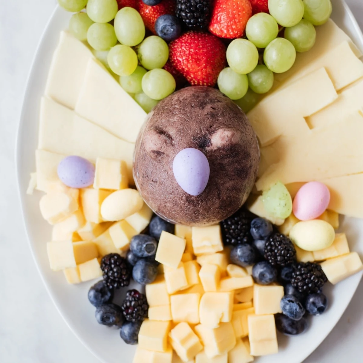 Bunny Ears Easter Board bursting with vibrant fruits, cheeses, and adorable treats for Easter.