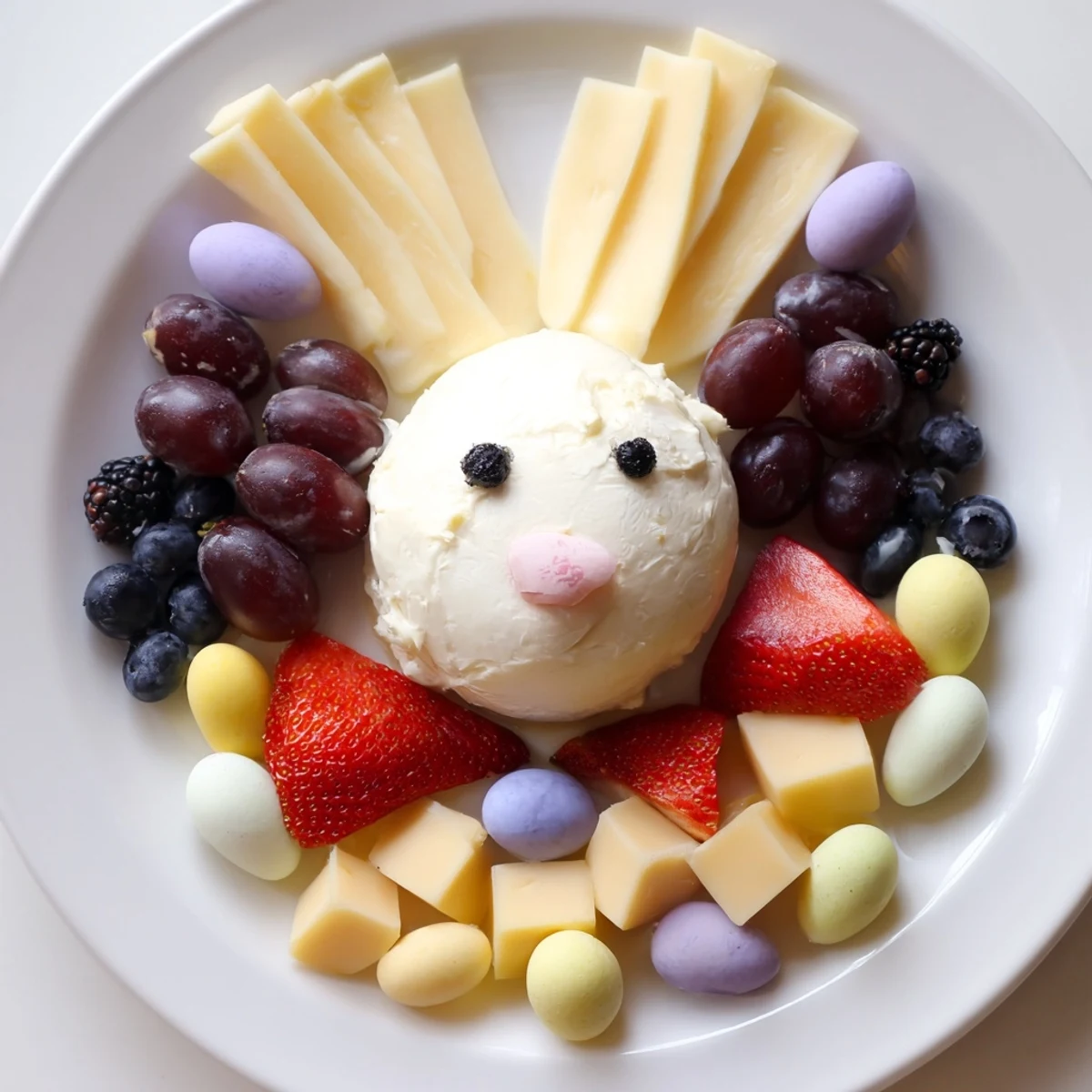 Vibrant Bunny Ears Easter Board featuring fresh berries, cheese, crackers, and pastel Easter candies for an amazing spread.