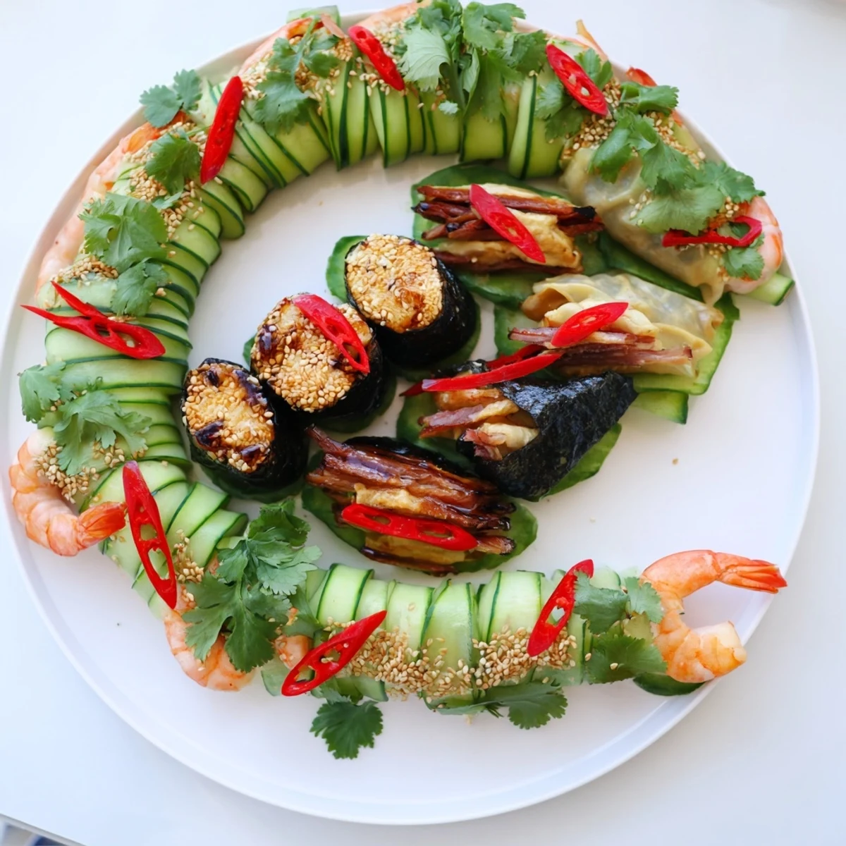 Mighty Dragon Lunar New Year Board with vibrant shrimp, char siu, and potstickers on display.