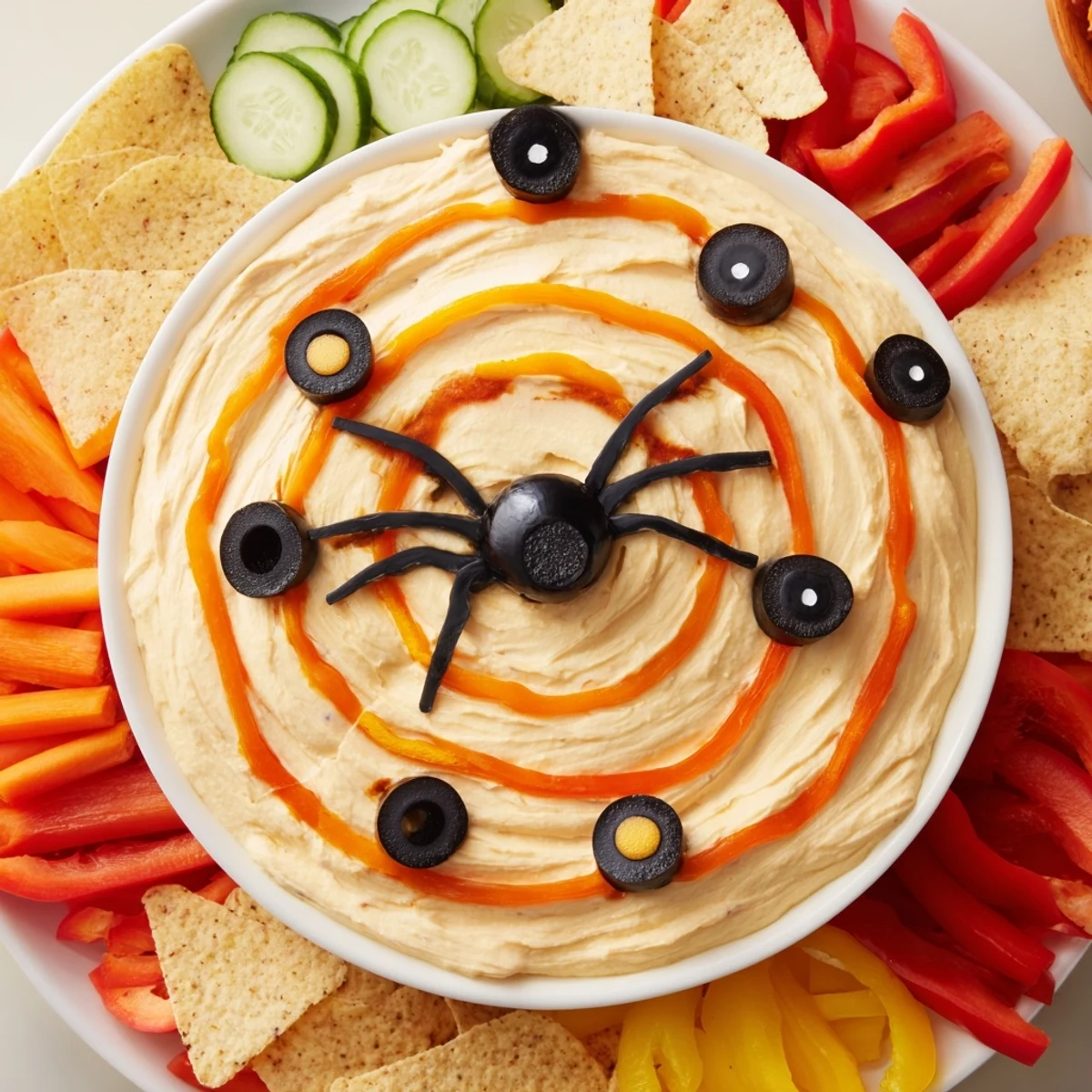 A spooky Creepy Crawly Spiderweb Platter featuring creamy dip, veggie dippers, and olive spiders.
