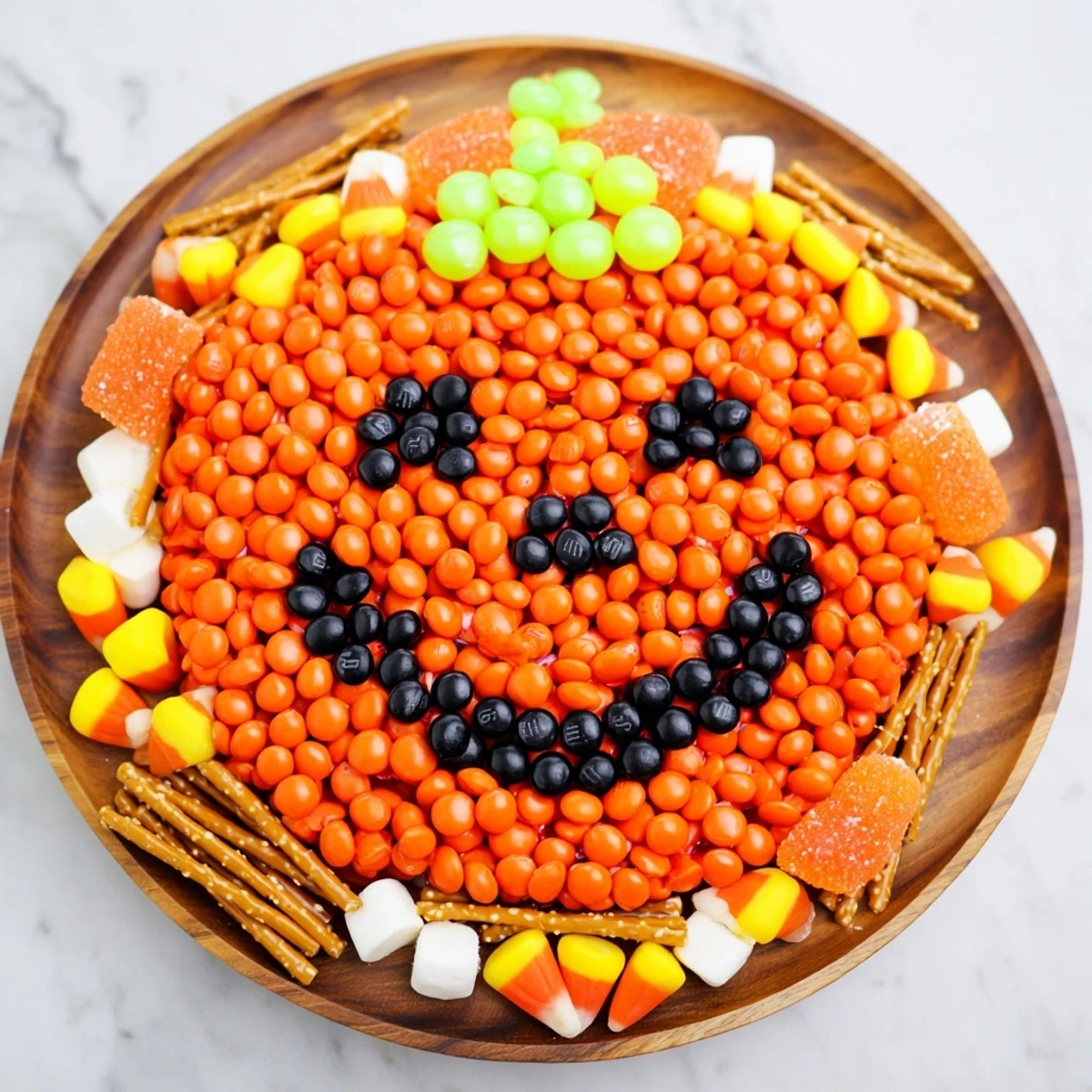 A whimsical Jack-o-Lantern Candy Board with orange candy forming a smiling pumpkin face, ready to serve.