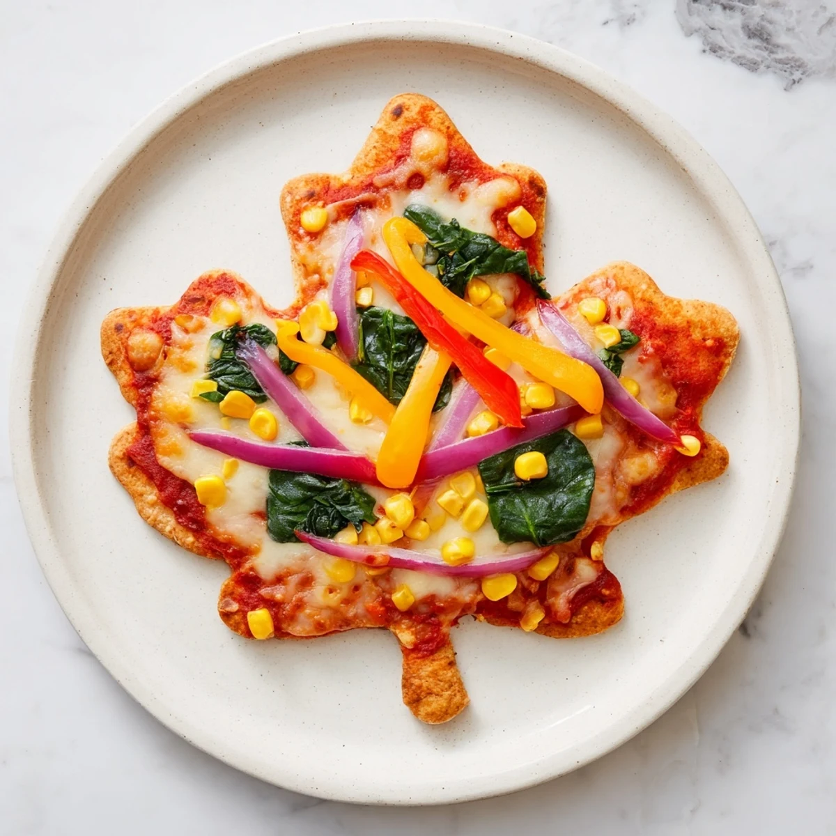 Warm, bubbly Fall Foliage Maple Leaf Mini Pizzas bursting with colorful, roasted veggie toppings and melted cheese.