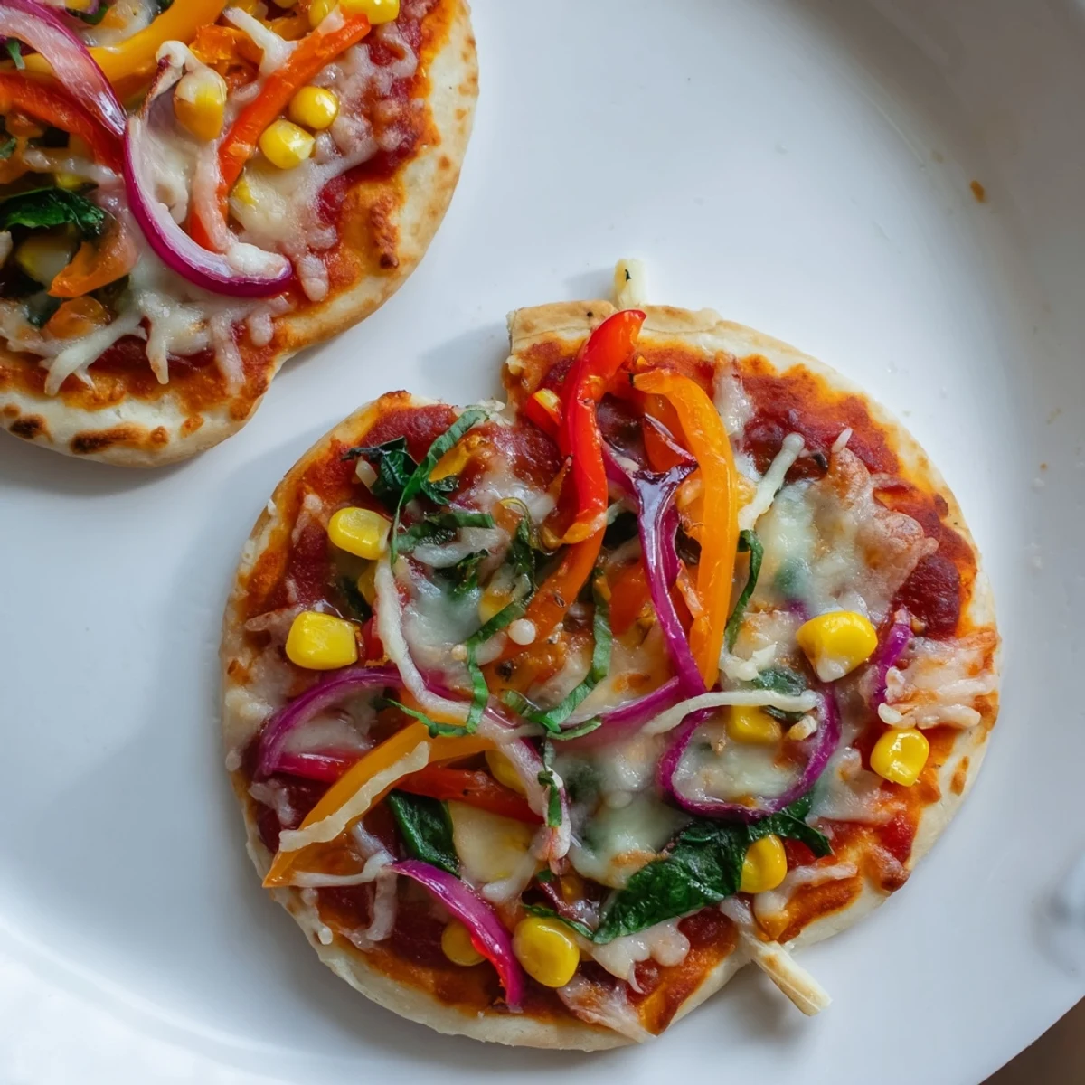 Golden-crusted Fall Foliage Maple Leaf Mini Pizzas showcasing vibrant bell peppers, perfect for a cozy autumn snack.