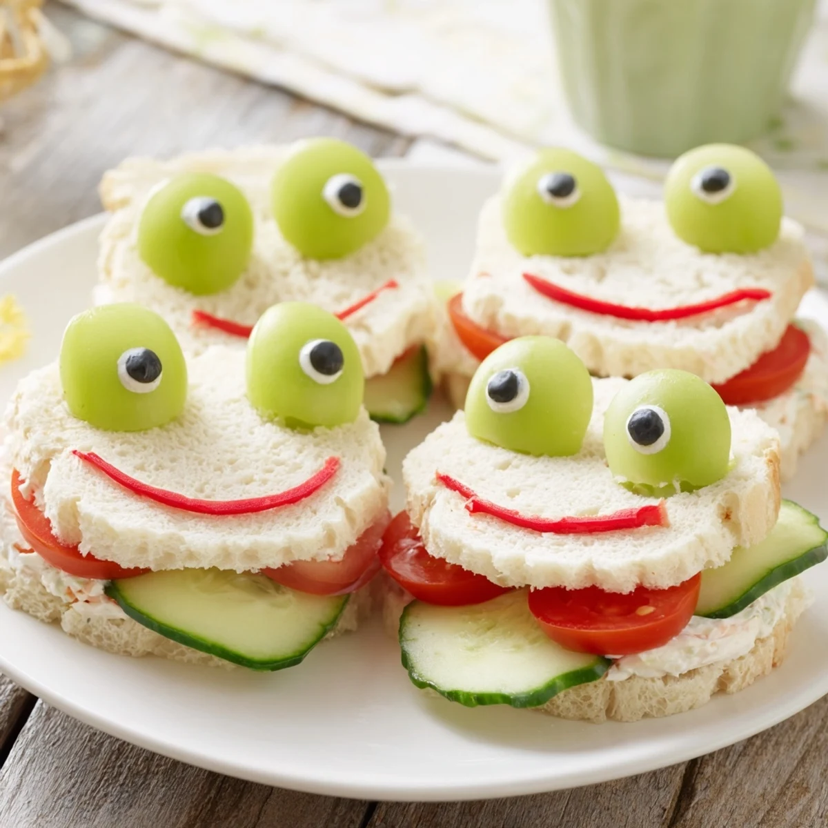 Kid-friendly Prince Charming Froggy Sandwiches with creamy filling, colorful veggies, fun lunch idea.