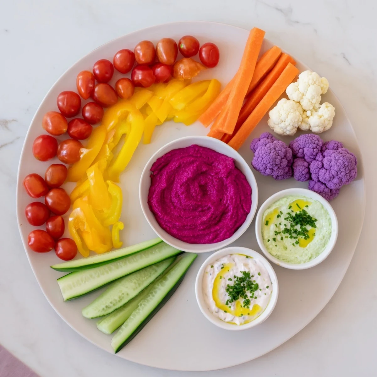Rainbow Vegetable Dips platter featuring vibrant raw veggies complemented by creamy dips for dipping.