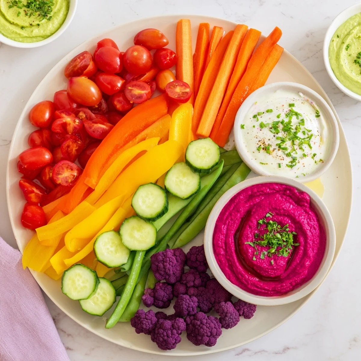 A close-up of Rainbow Vegetable Dips reveals a healthy, appealing appetizer for sharing as a party snack.