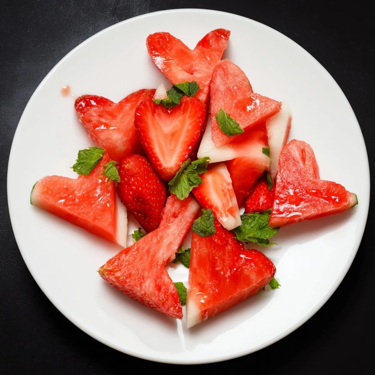 Skewers of heart-shaped strawberries, watermelon, and raspberries make colorful Red Heart Fruit Skewers, a delicious dessert.