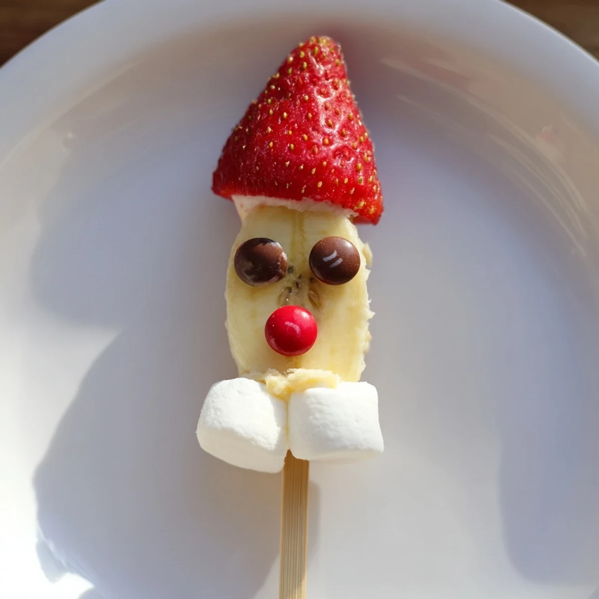 Delicious banana Santa Snack Sticks: sweet, sliced bananas face jovial strawberry hats and chocolate chip eyes.