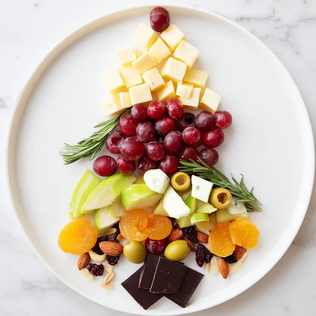 Holiday Cranberry Joy Tree Board features a vibrant array of cheeses, fruits, and crackers arranged beautifully.