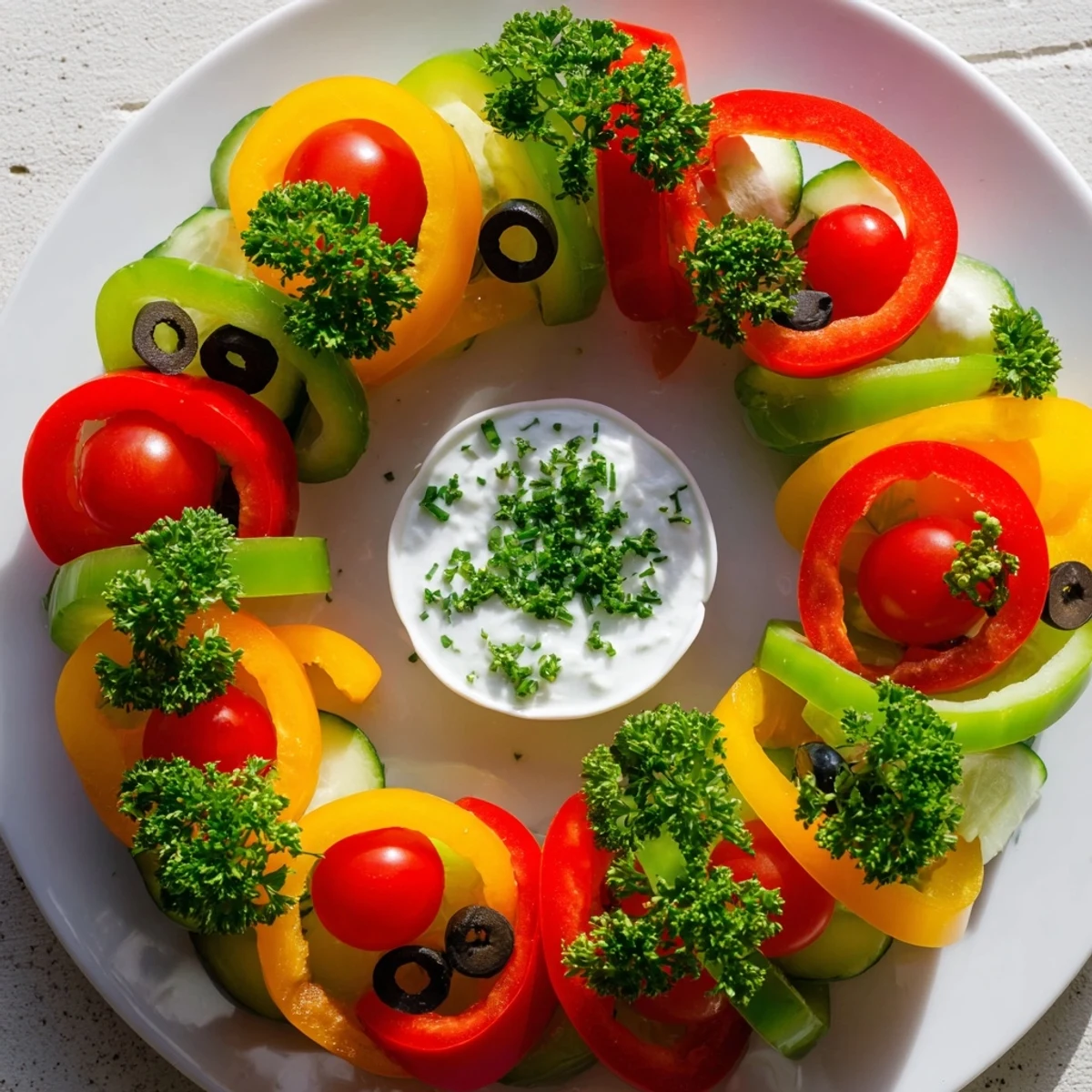This amazing festive bell pepper wreath features crisp, colorful veggies artfully arranged with fresh herbs.