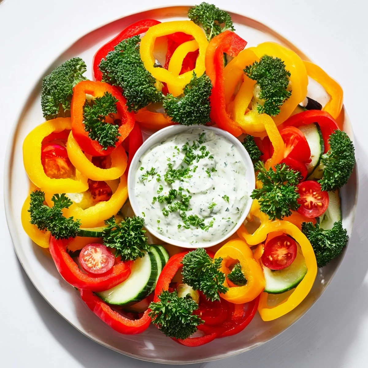 Festive bell pepper wreath with vibrant colorful peppers and creamy dip, ready to enjoy at a party.