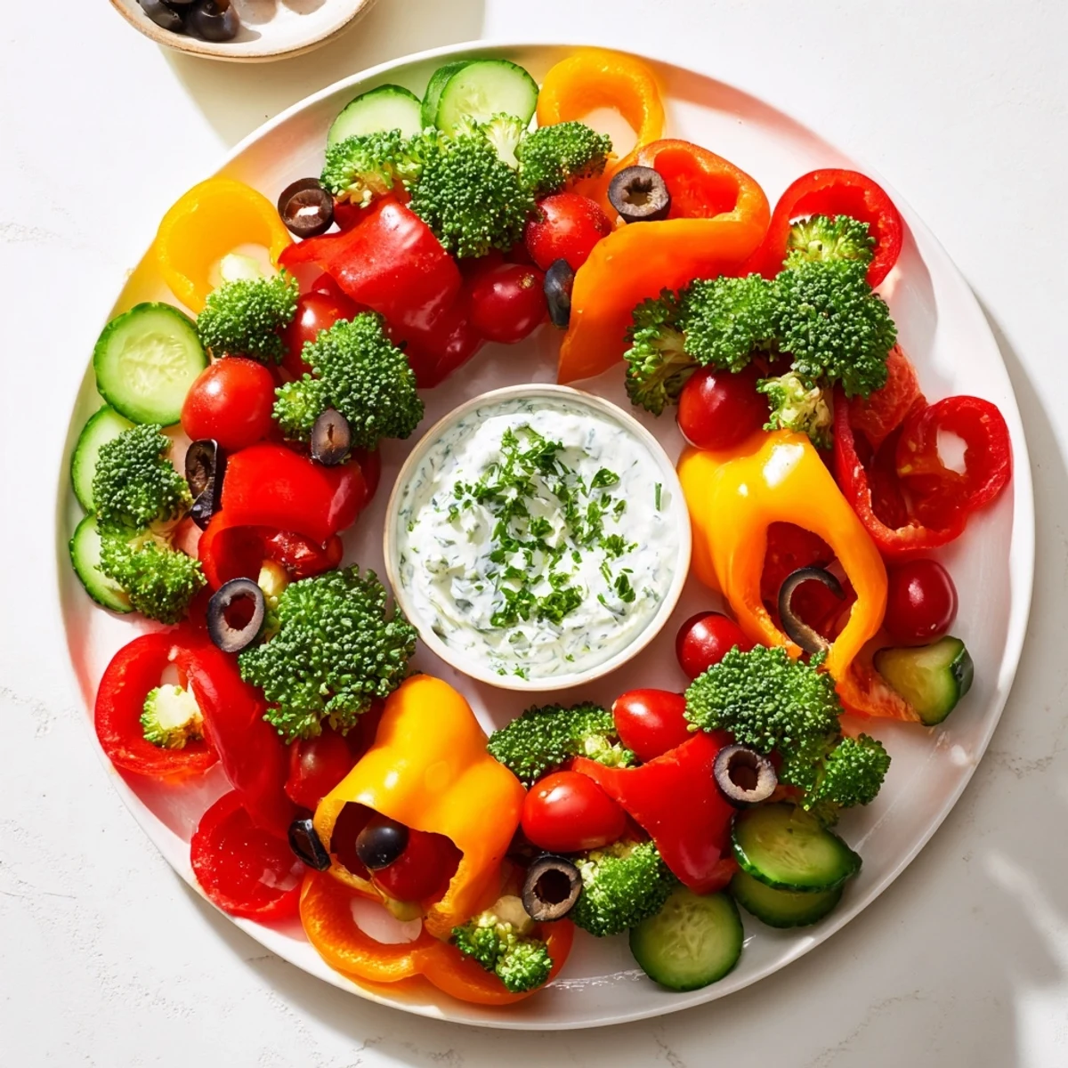 Freshly prepared festive bell pepper wreath appetizer: bright vegetables arranged as a beautiful, festive holiday wreath.